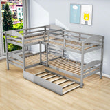 Twin Corner Quad Bunk Beds with Trundle for Kids - [Wooden, L-Shaped]