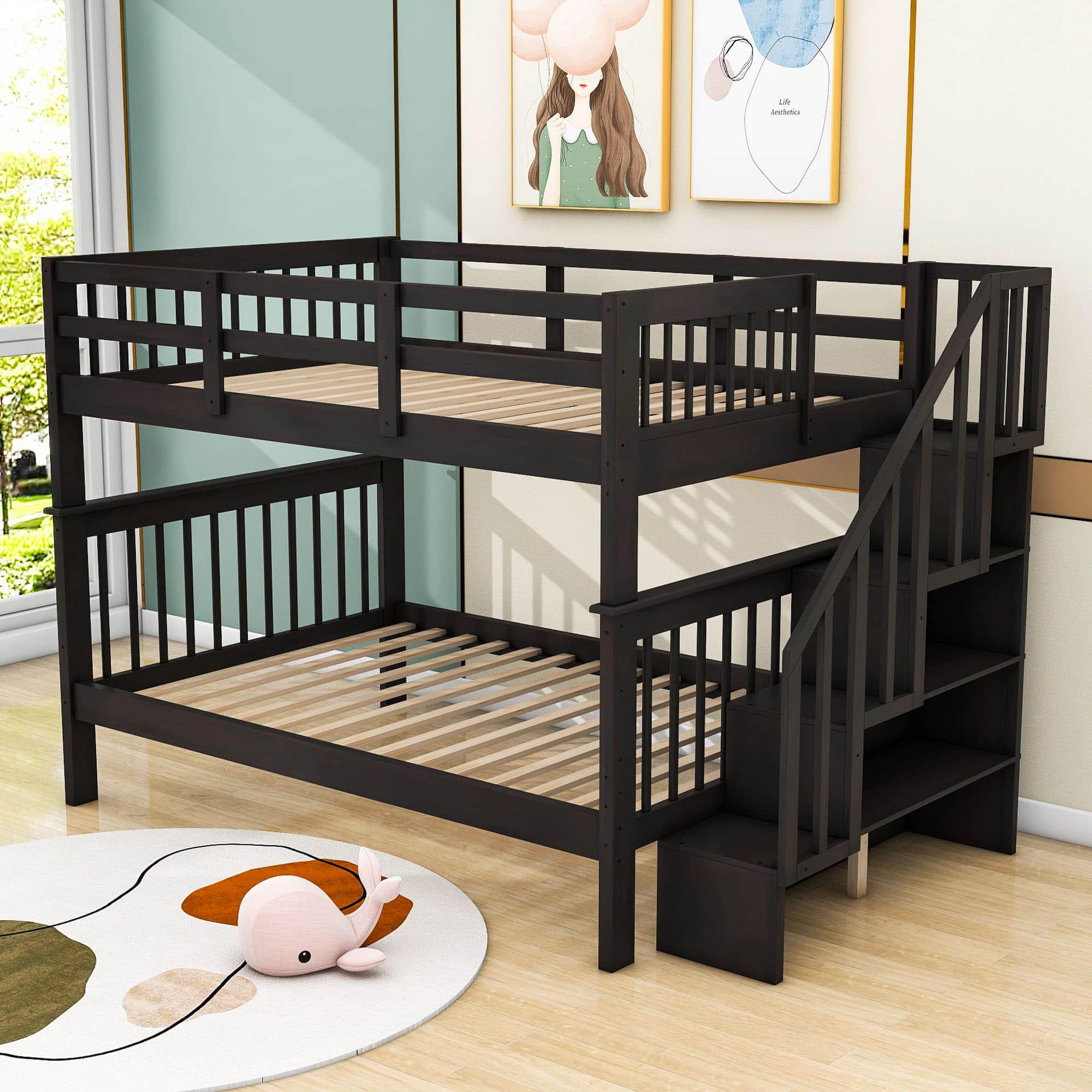 Wooden Full Over Full Bunk Beds with Storage and Stairs - [Detachable]