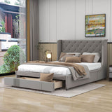 Queen Upholstered Bed Frame with Wingback Headboard and Storage