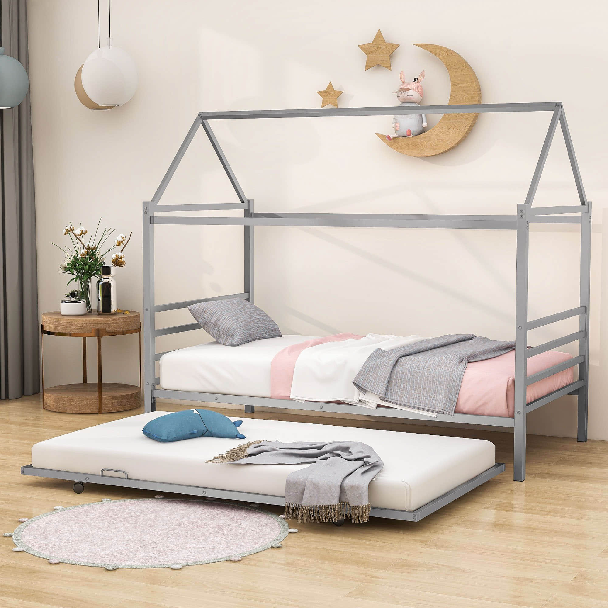 Metal Twin House Bed Frame with Twin Trundle Bed and Headboard