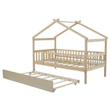 Wooden Twin House Bed with Twin Trundle for Kids, Toddler