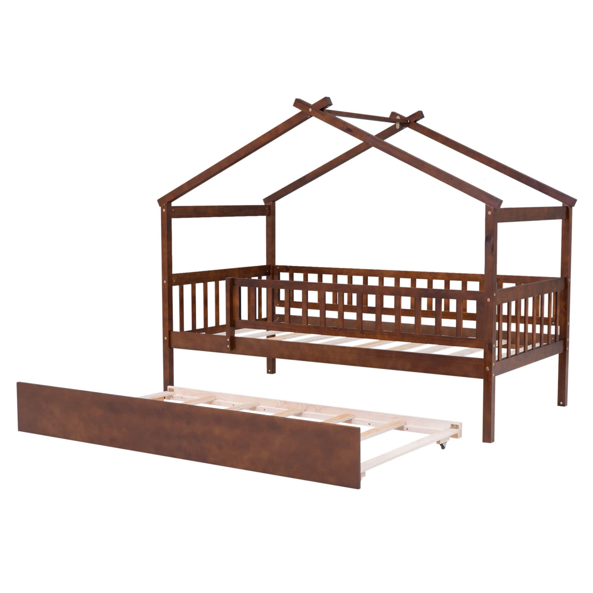 Wooden Twin House Bed with Twin Trundle for Kids, Toddler