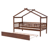 Wooden Twin House Bed with Twin Trundle for Kids, Toddler