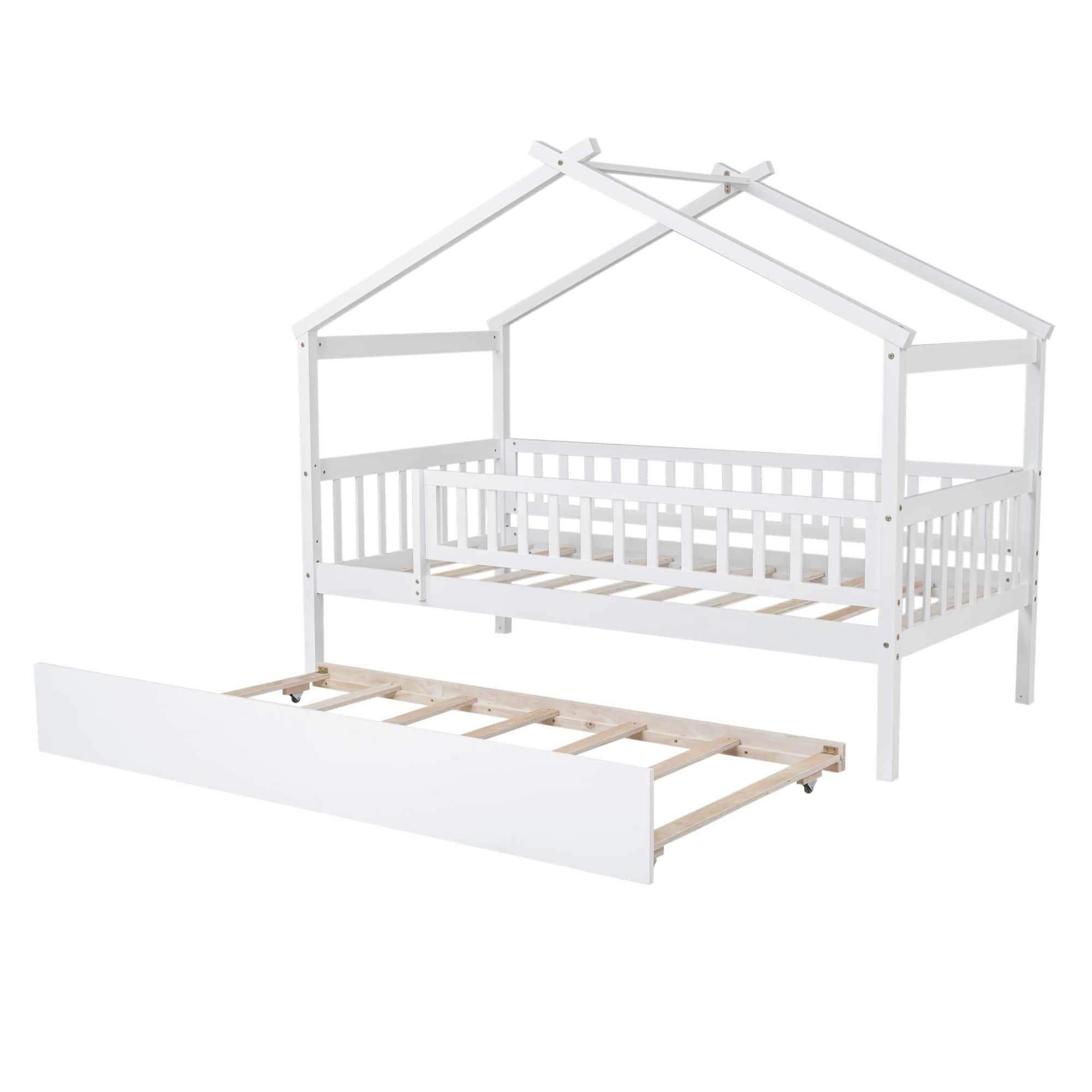 Wooden Twin House Bed with Twin Trundle for Kids, Toddler