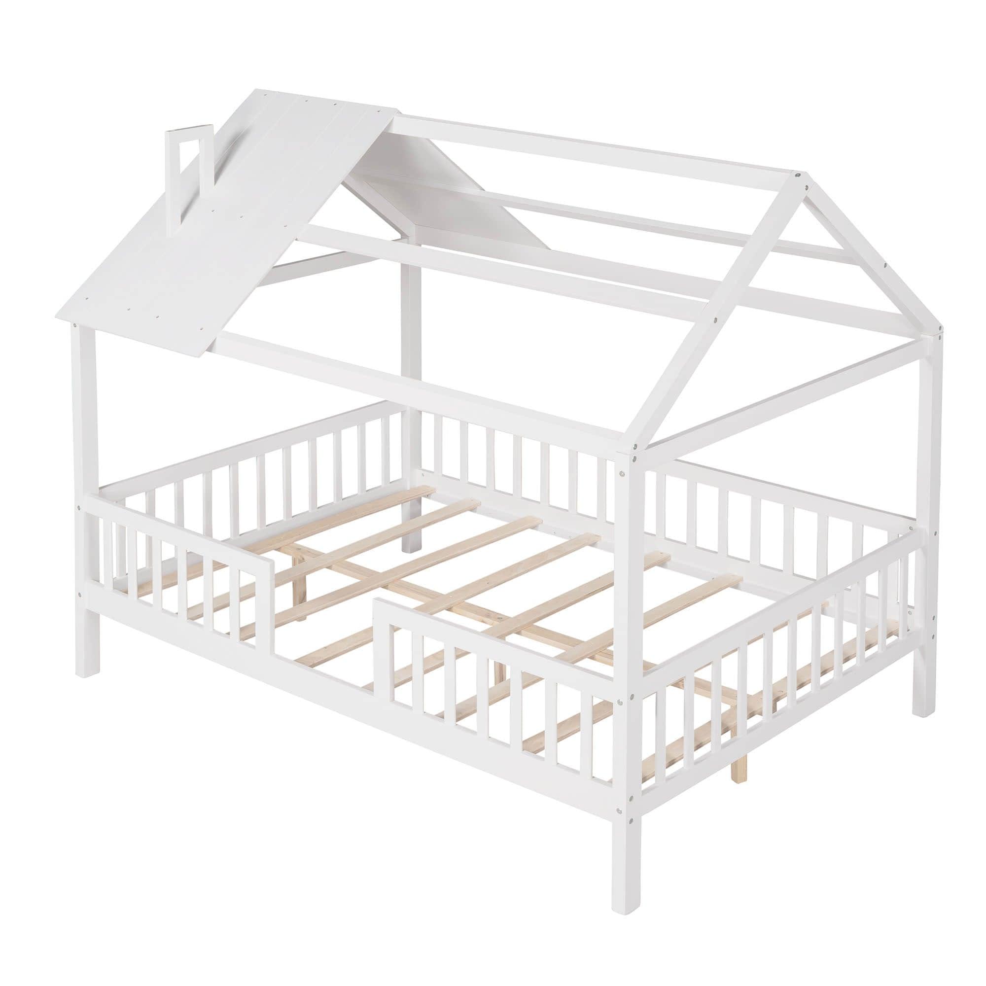 Full Wooden Kids Low Montessori Farmhouse Bed Frame with Rails