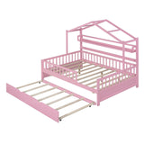 Wood Full Size Low House Bed Frame with Storage and Twin Trundle Bed