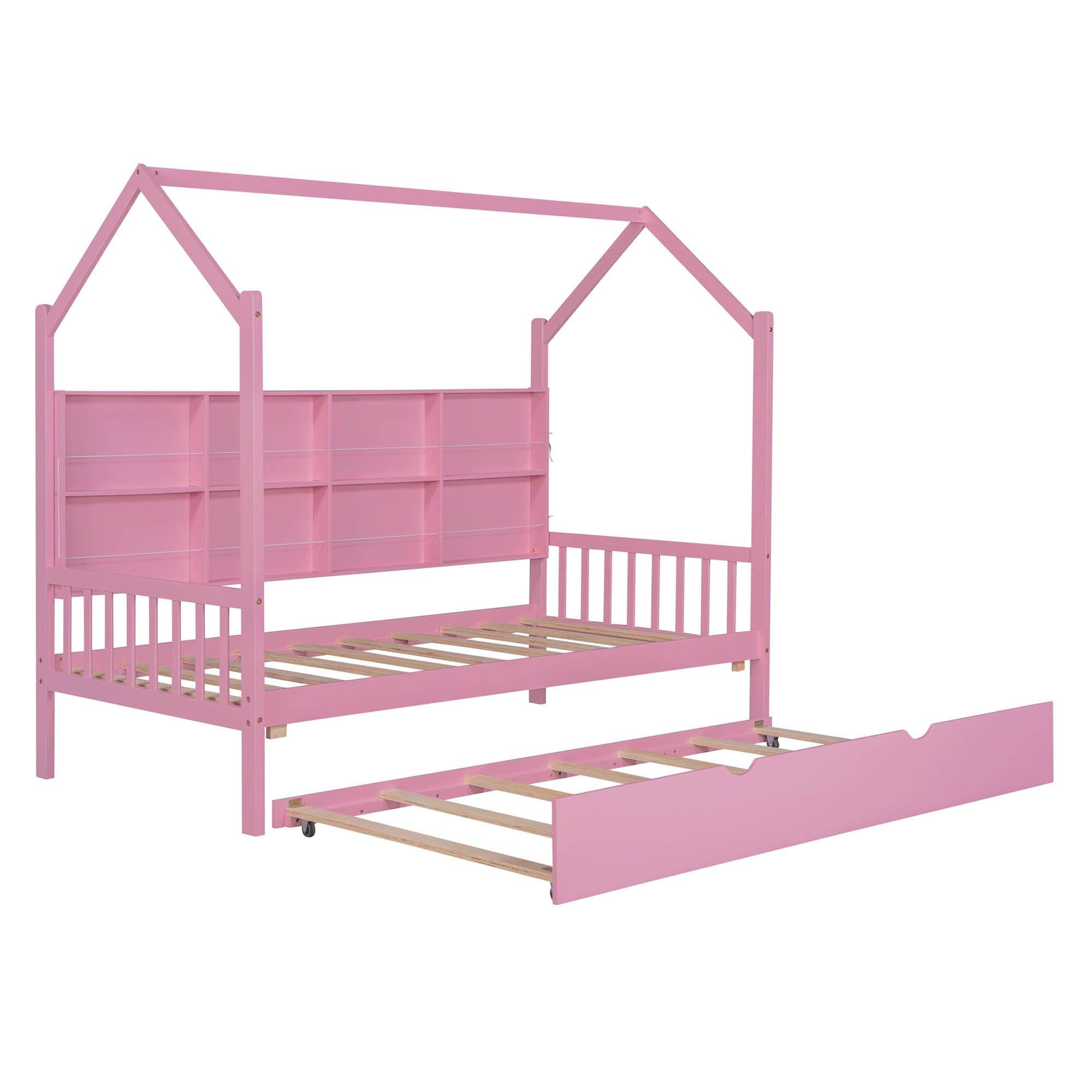 Twin Size Kids House Bed Frame with Twin Trundle and Shelf above Bed