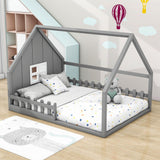 Full Size Wood House Floor Bed Frame with Rails for Toddler, Kids