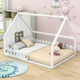 Full Size Wood House Floor Bed Frame with Rails for Toddler, Kids