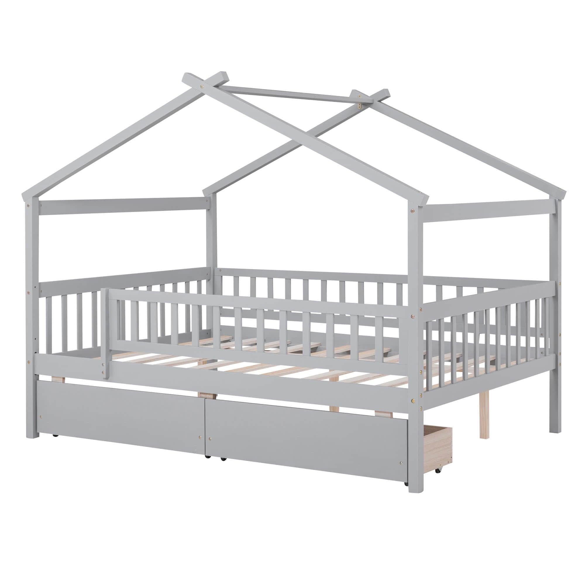 Full Size Wood House Toddler Bed Frame with Rails and Storage