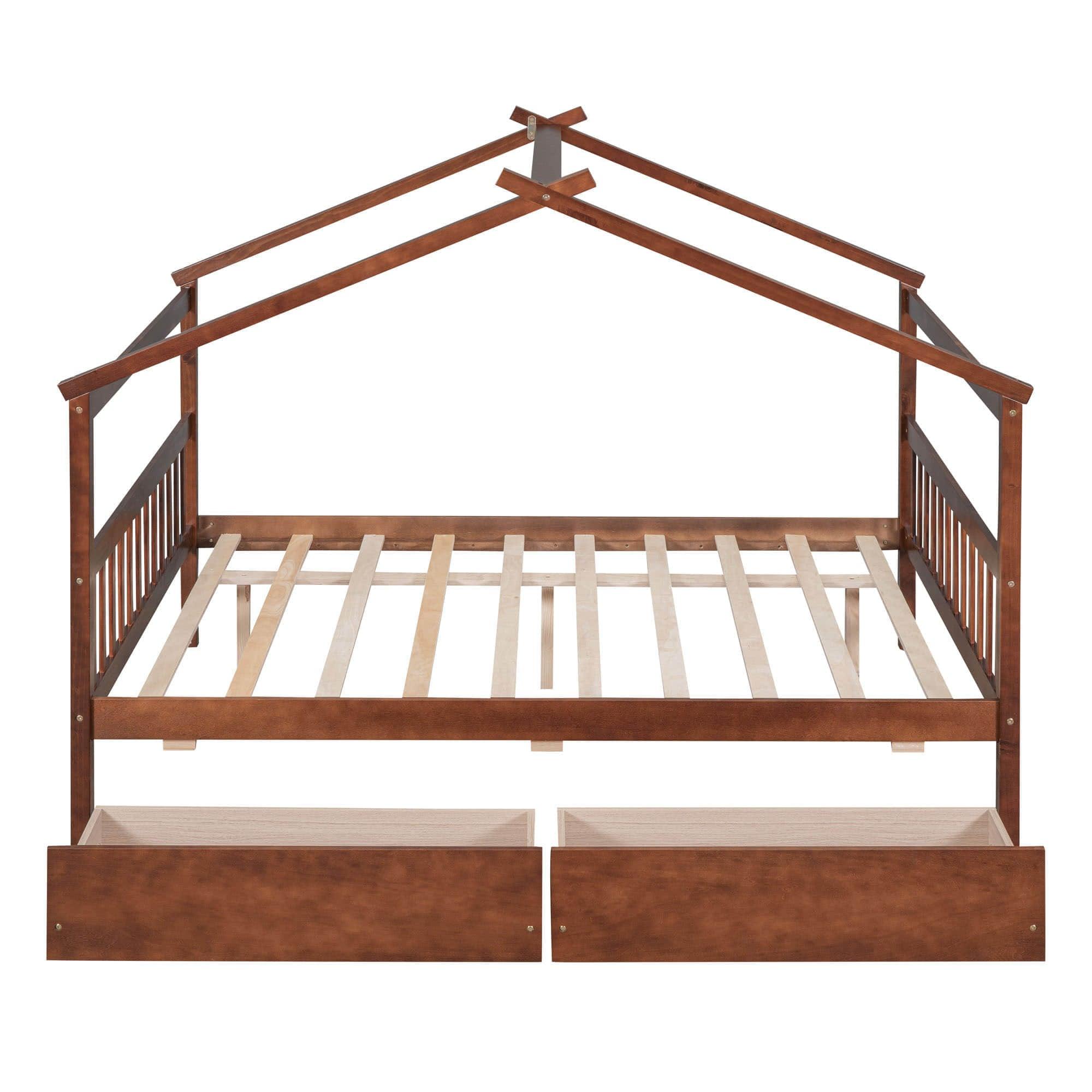 Wooden Full Size House Bed with Storage Drawers for Kids