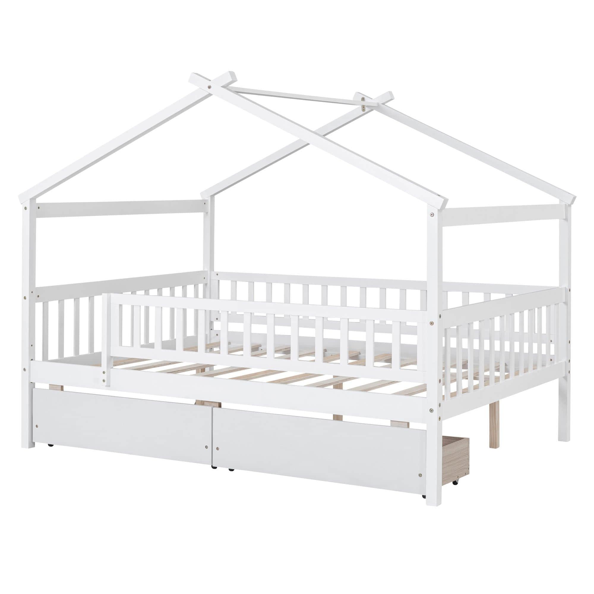 Full Size Wood House Toddler Bed Frame with Rails and Storage