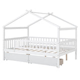 Full Size Wood House Toddler Bed Frame with Rails and Storage