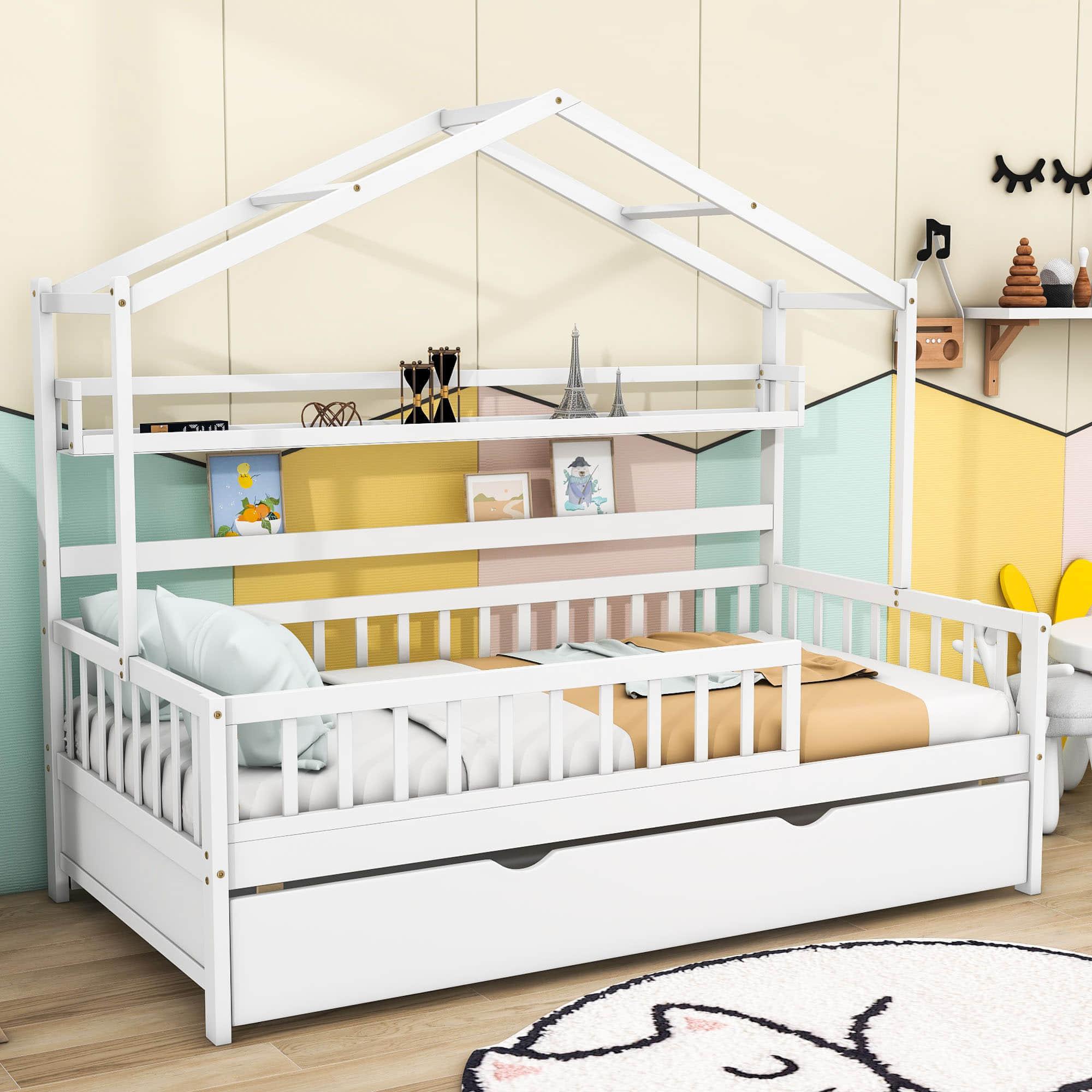 Wood Twin Size Low House Bed Frame with Storage and Twin Trundle Bed