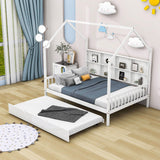 Wooden Kids House Full Size Bed with Trundle, Storage and Headboard - [Shelves]