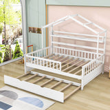 Wood Full Size Low House Bed Frame with Storage and Twin Trundle Bed