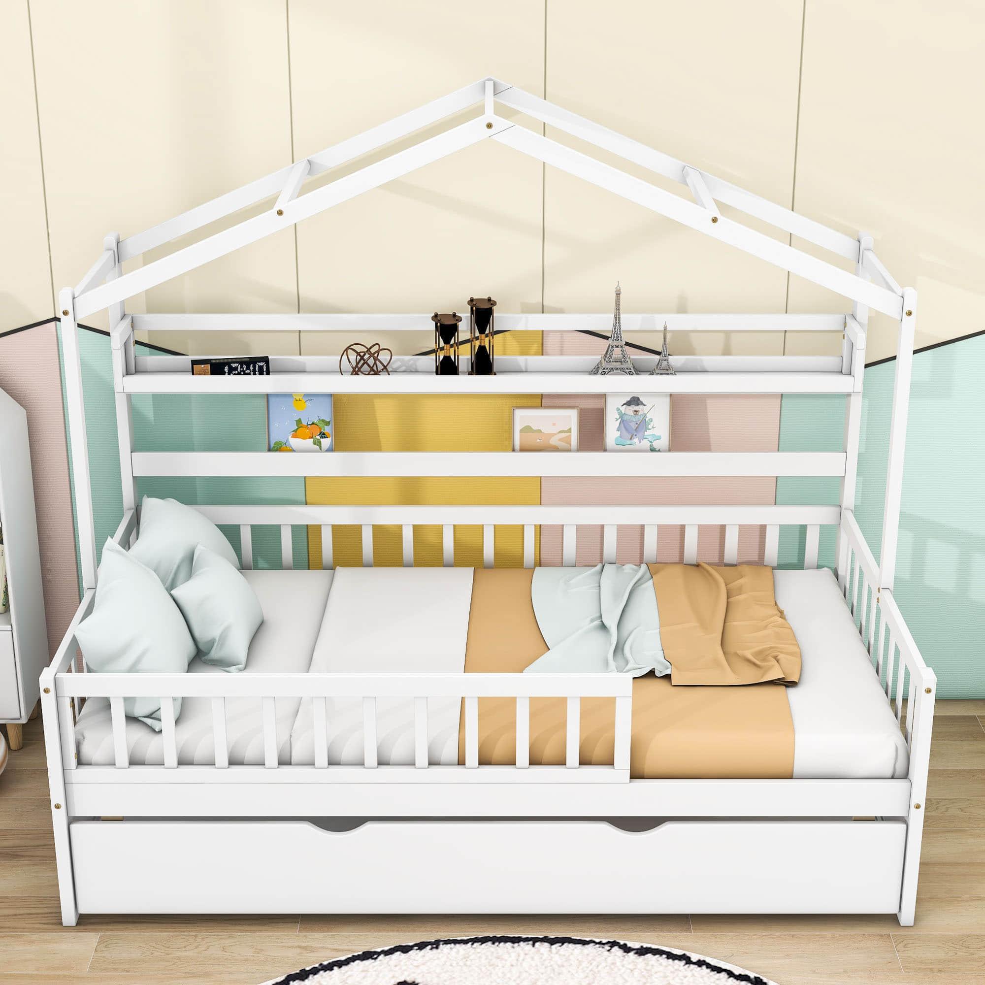 Wood Twin Size Low House Bed Frame with Storage and Twin Trundle Bed