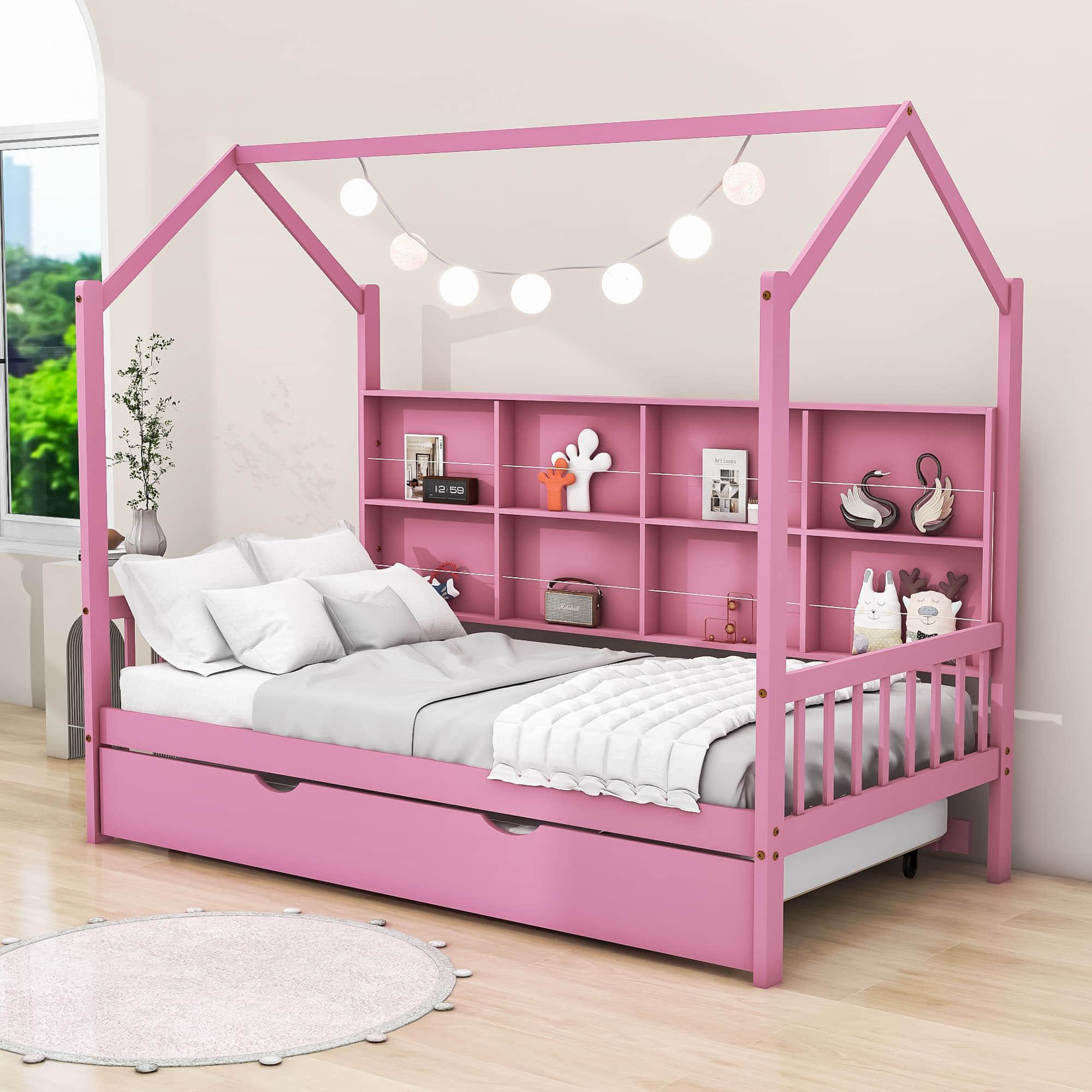 Twin Size Kids House Bed Frame with Twin Trundle and Shelf above Bed