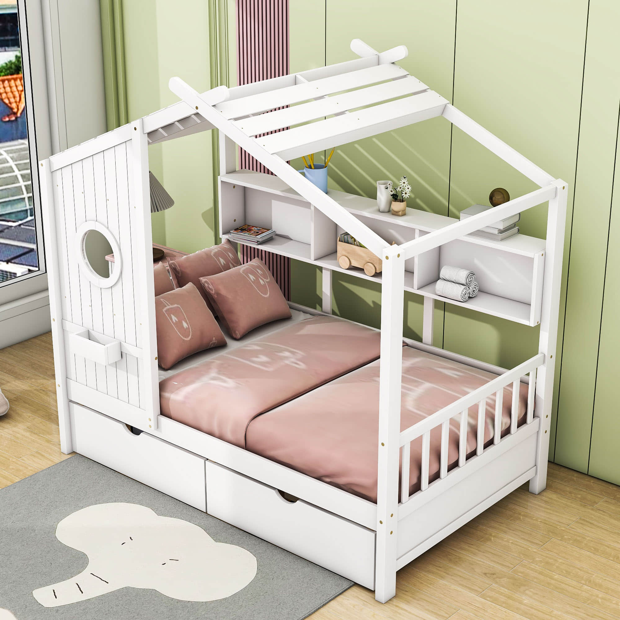 Kids Wooden Twin Size House Bed with Storage Drawers, Shelves