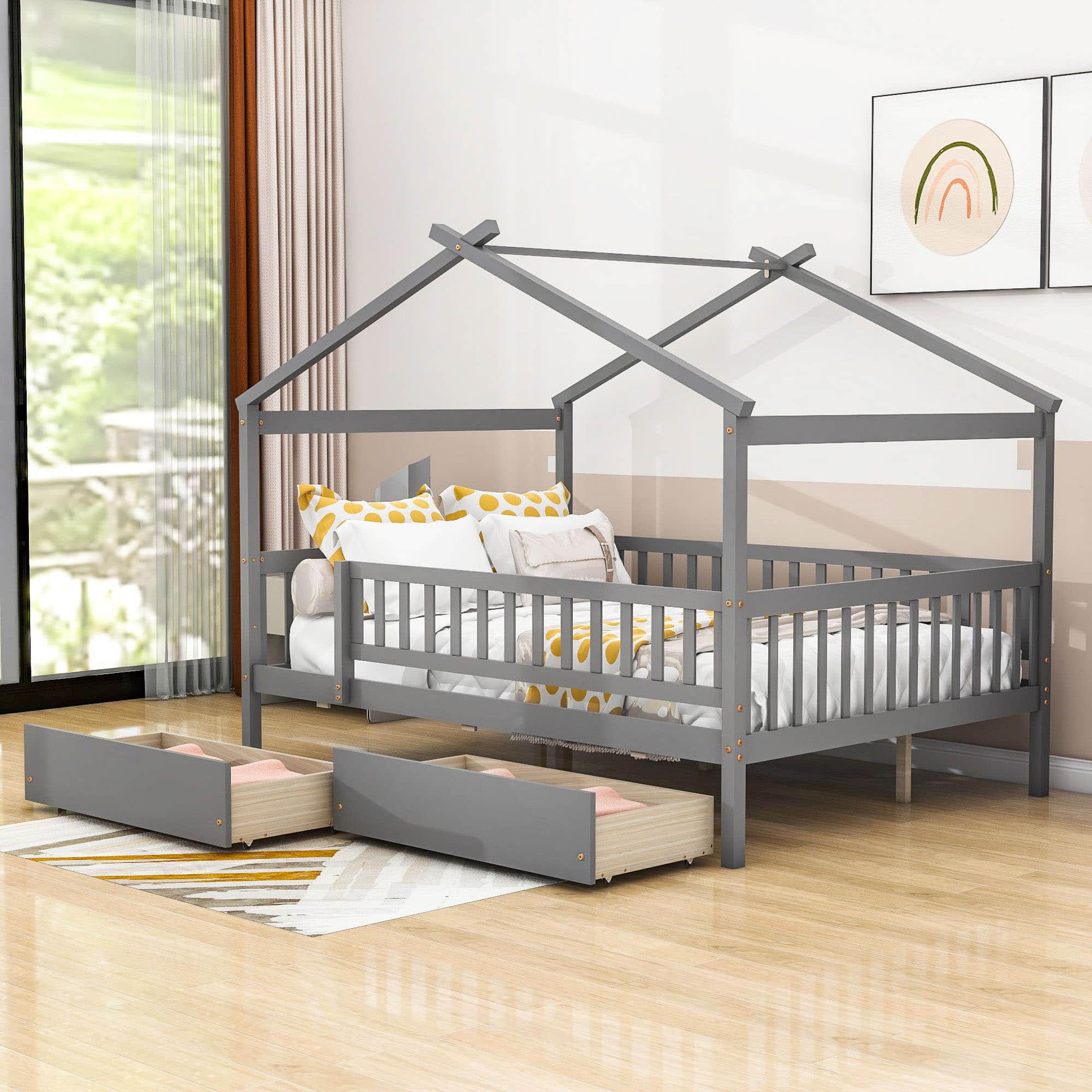 Full Size Wood House Toddler Bed Frame with Rails and Storage