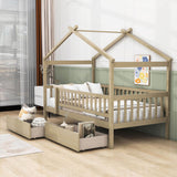 Twin Size Wood House Toddler Bed Frame with Rails and Storage