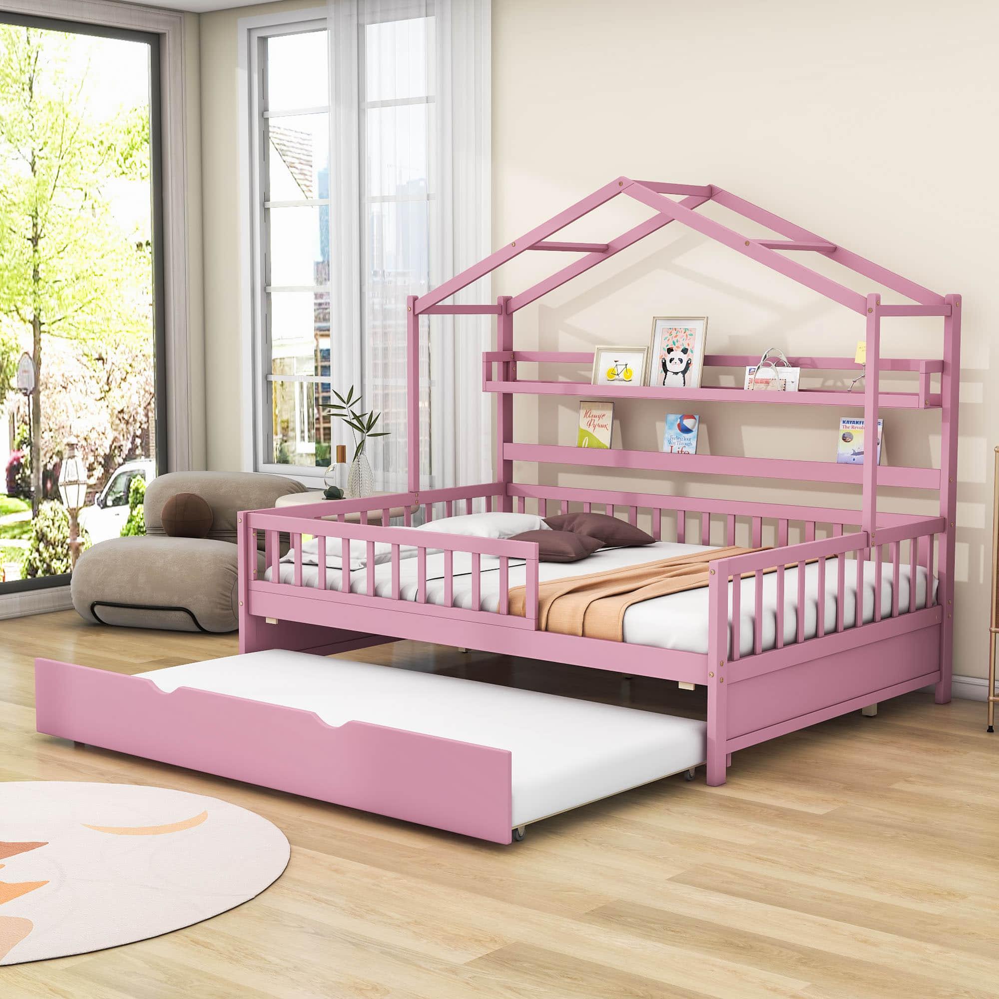 Wood Full Size Low House Bed Frame with Storage and Twin Trundle Bed