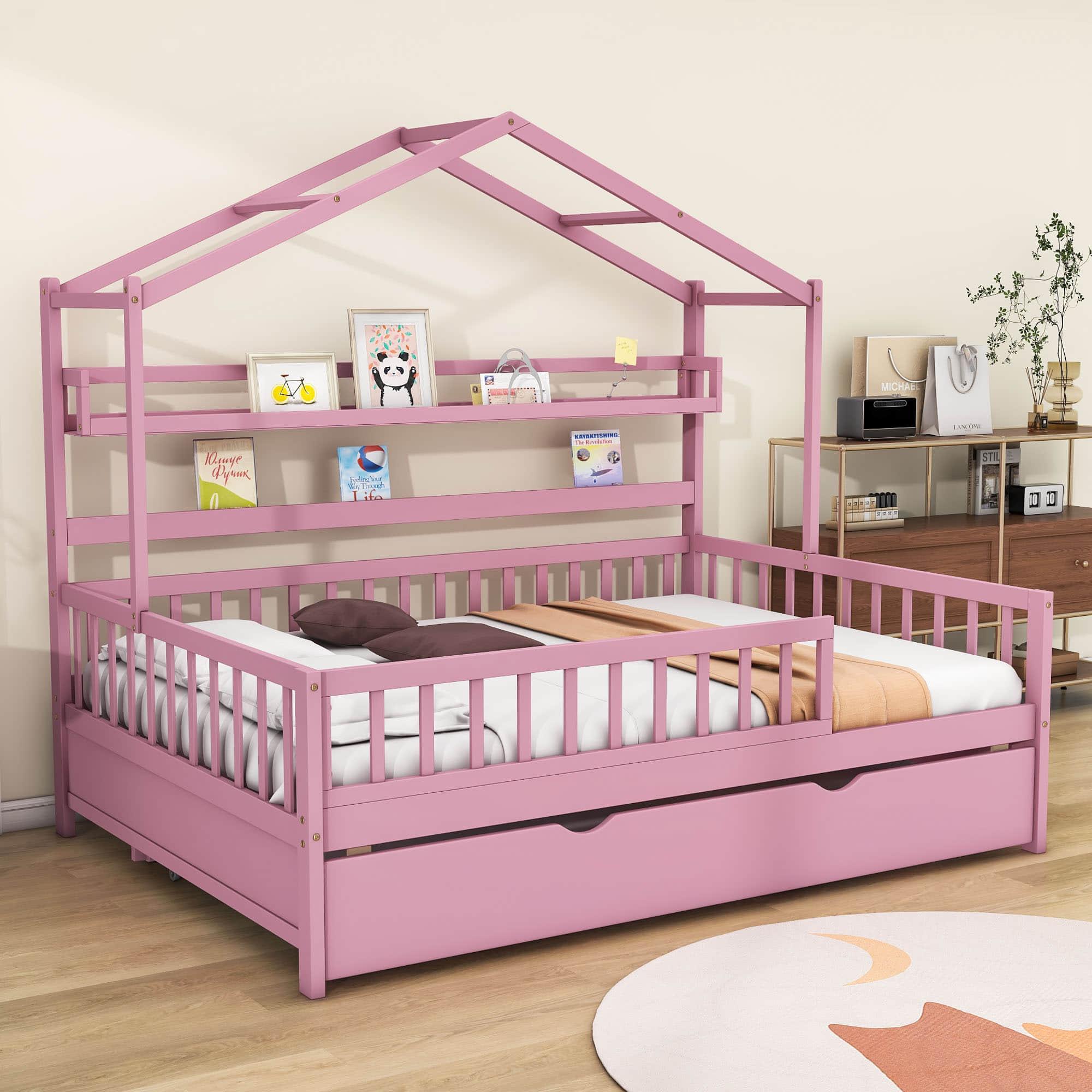 Wood Full Size Low House Bed Frame with Storage and Twin Trundle Bed