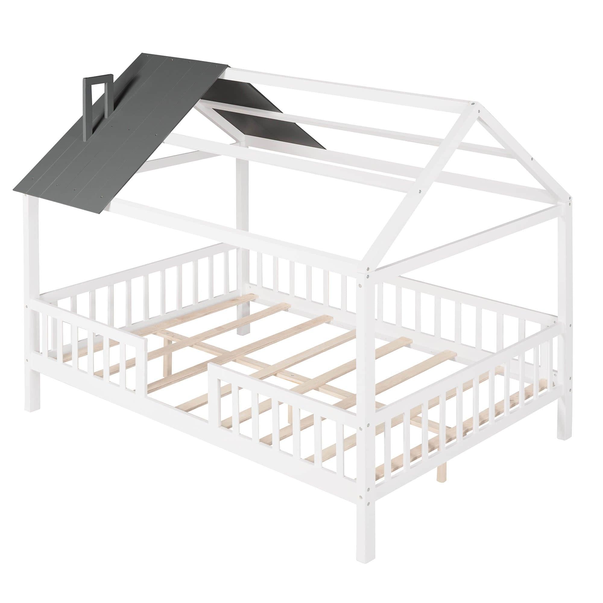 Full Wooden Kids Low Montessori Farmhouse Bed Frame with Rails