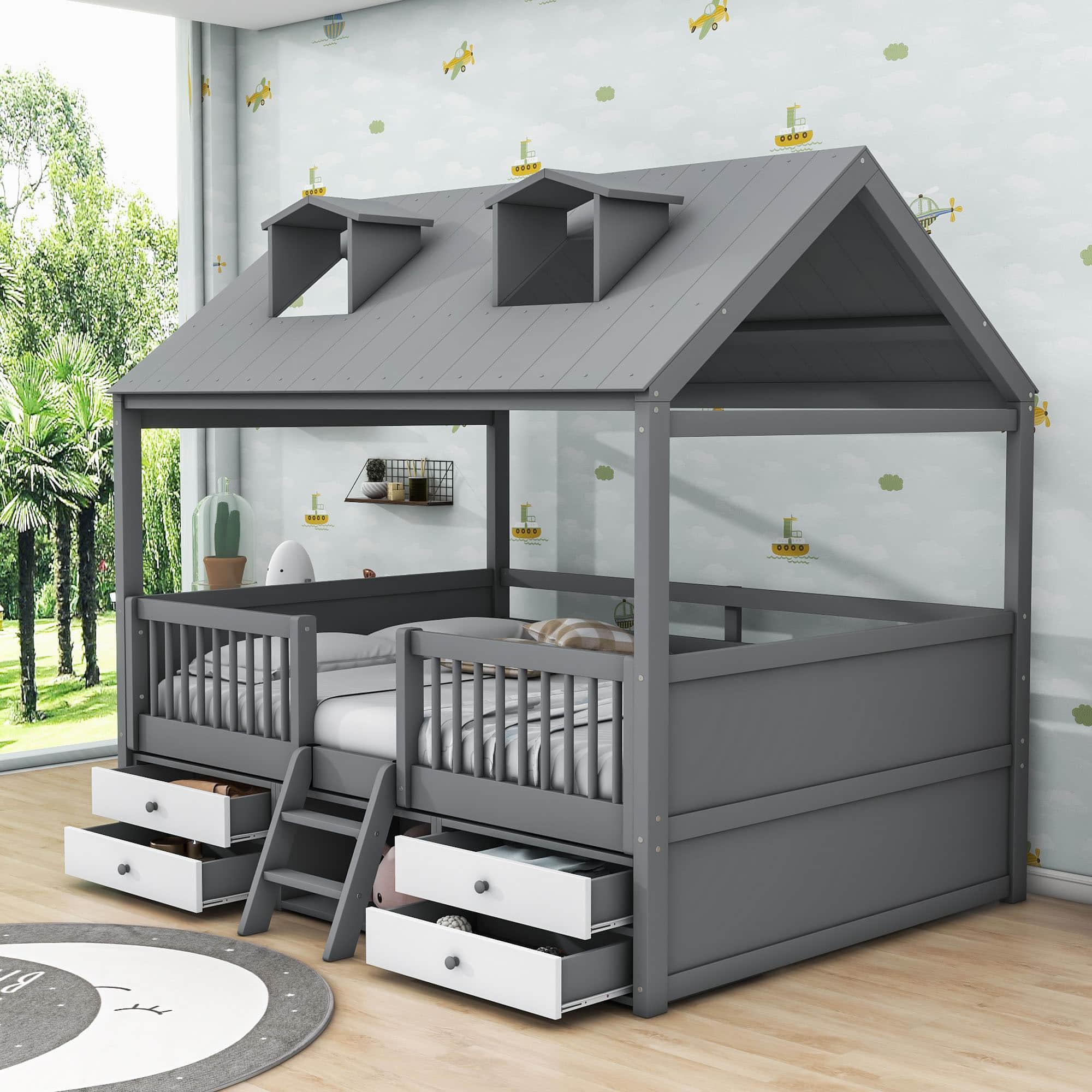 Low Full Size Loft House Bed with Storage for Kids, Toddler - [Wooden]