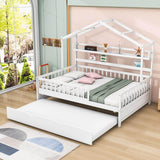 Wood Full Size Low House Bed Frame with Storage and Twin Trundle Bed