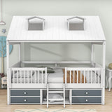 Low Full Size Loft House Bed with Storage for Kids, Toddler - [Wooden]