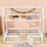 Wood House Twin Toddler Floor Bed with Rails and Door