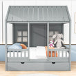 Wooden Full Size Kids House Bed with Twin Trundle Bed and Rails