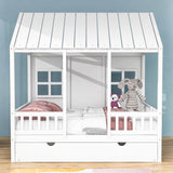 Wooden Full Size Kids House Bed with Twin Trundle Bed and Rails