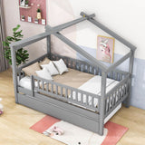 Wooden Twin House Bed with Twin Trundle for Kids, Toddler