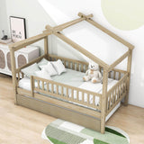 Wooden Twin House Bed with Twin Trundle for Kids, Toddler