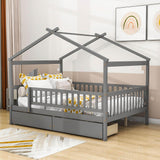 Full Size Wood House Toddler Bed Frame with Rails and Storage