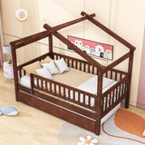 Wooden Twin House Bed with Twin Trundle for Kids, Toddler