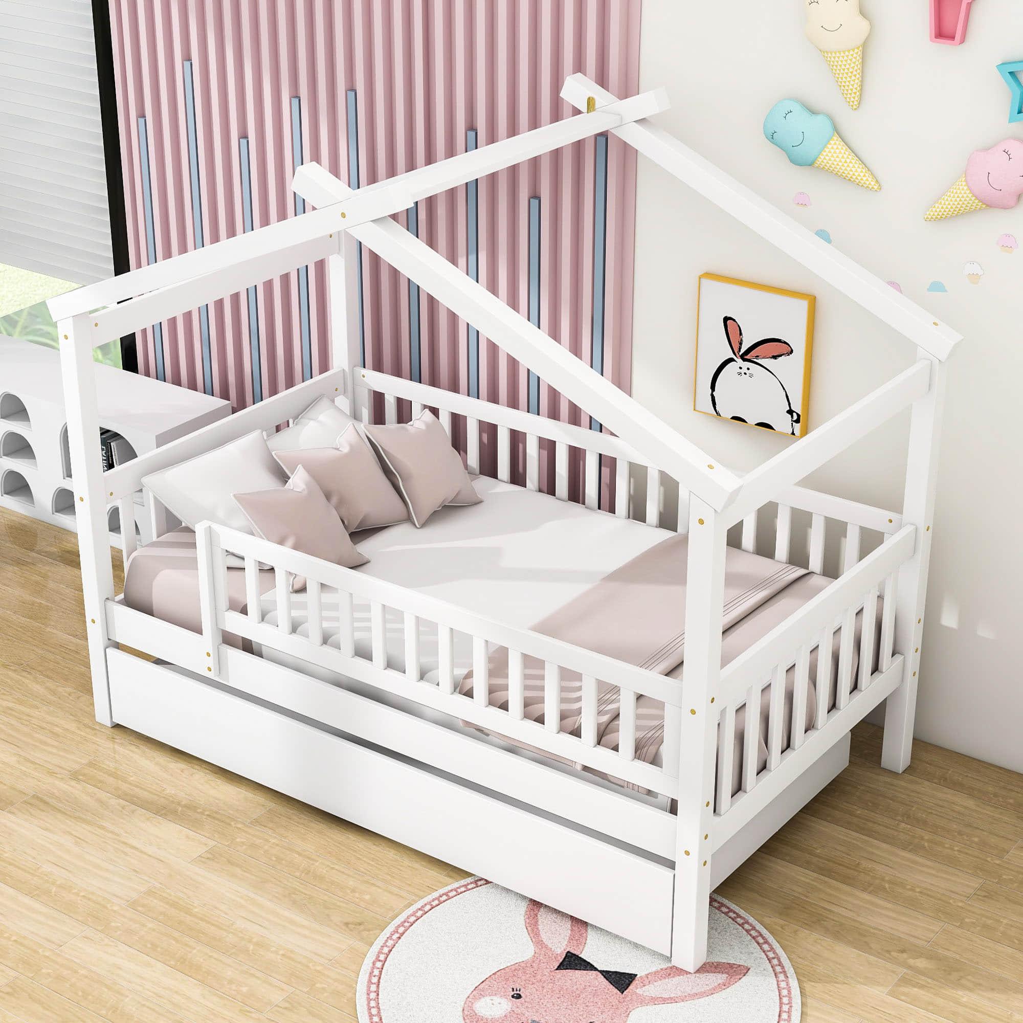 Wooden Twin House Bed with Twin Trundle for Kids, Toddler