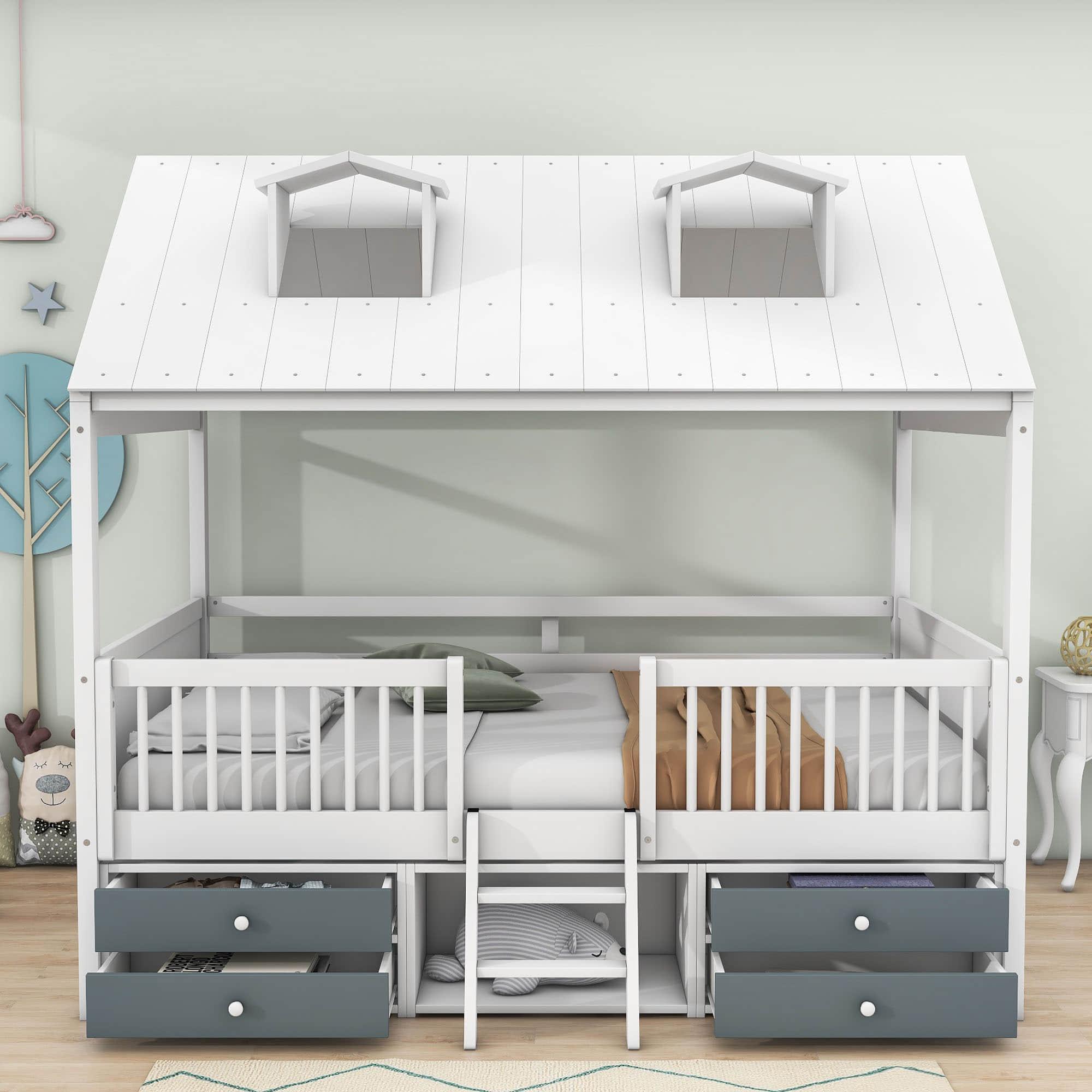 Low Full Size Loft House Bed with Storage for Kids, Toddler - [Wooden]