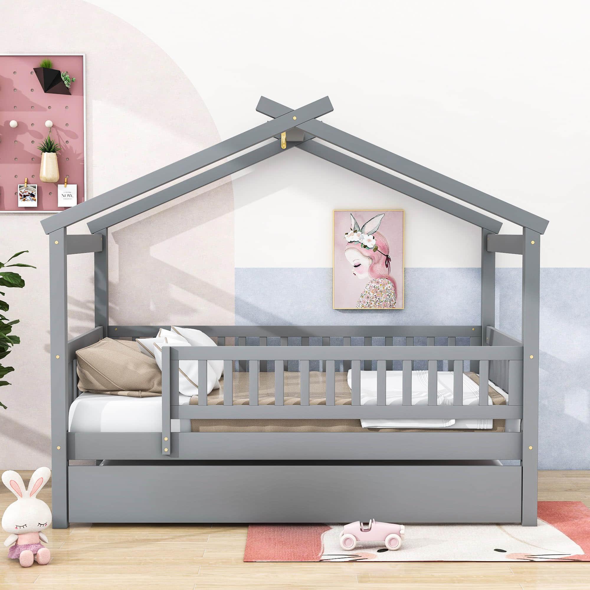 Wooden Twin House Bed with Twin Trundle for Kids, Toddler