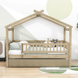 Wooden Twin House Bed with Twin Trundle for Kids, Toddler