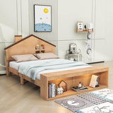 Kids Full Size Wood House Platform Bed Frame with LED Lights and Storage