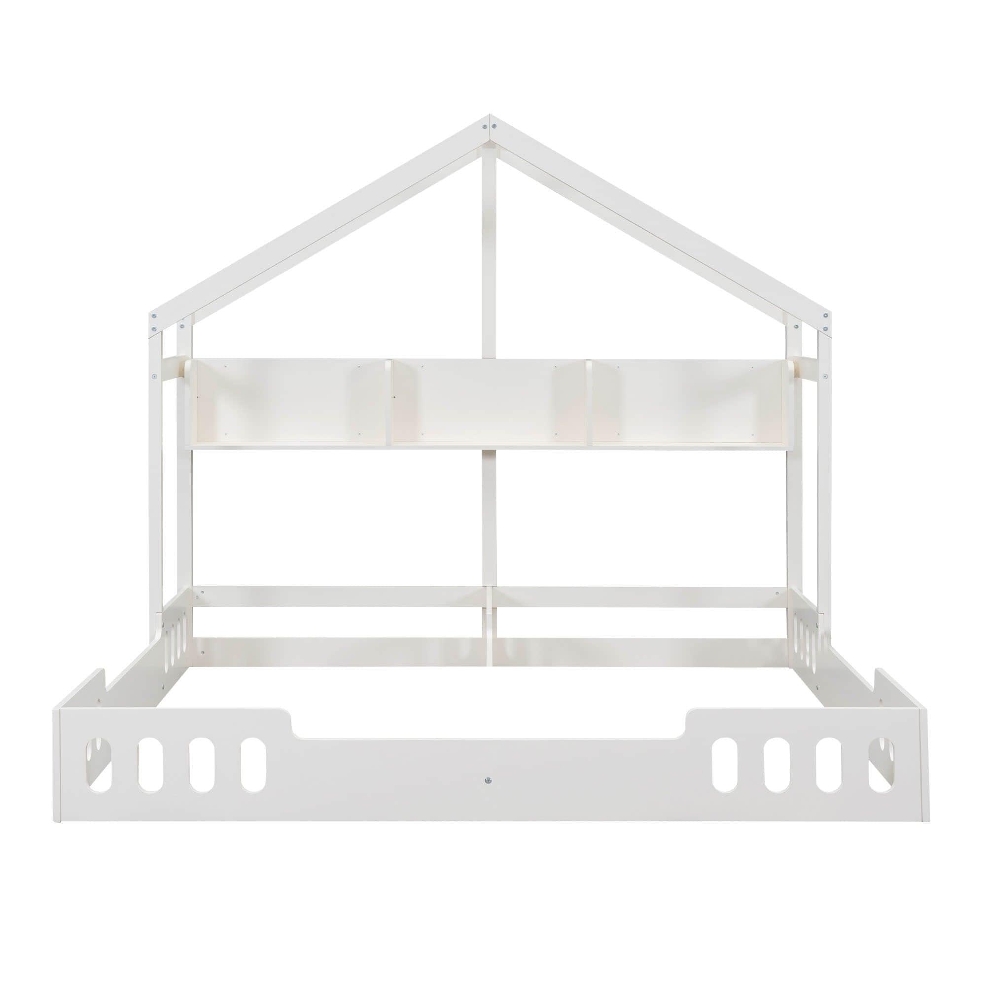 White Double Shared Twin Size House Toddler Floor Bed Frame with Rails