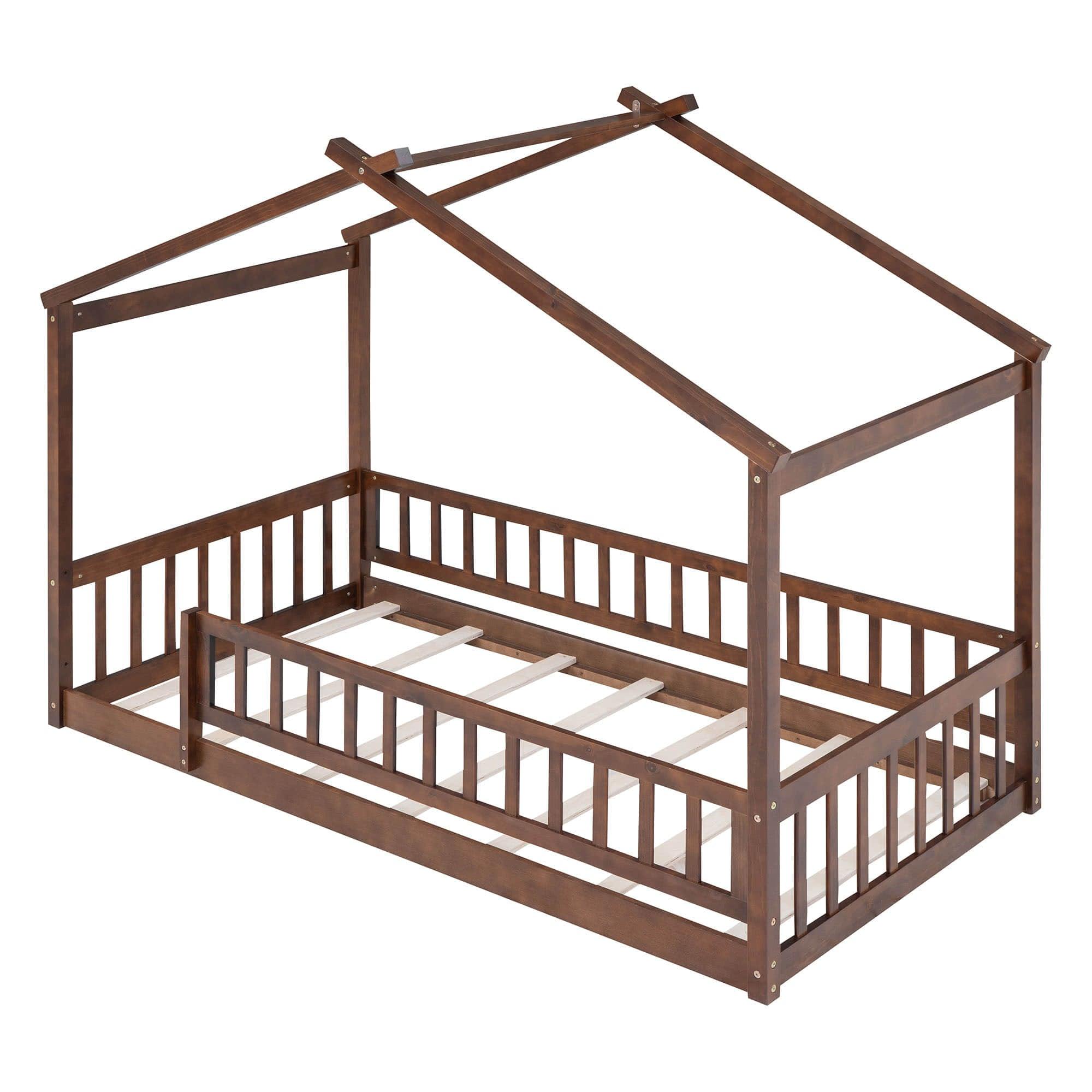 Twin Wood House Kids Toddler Floor Bed with Rails