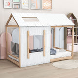 Wood House-Shaped Twin Floor Bed Frame for Toddler, Kids - [Roof]