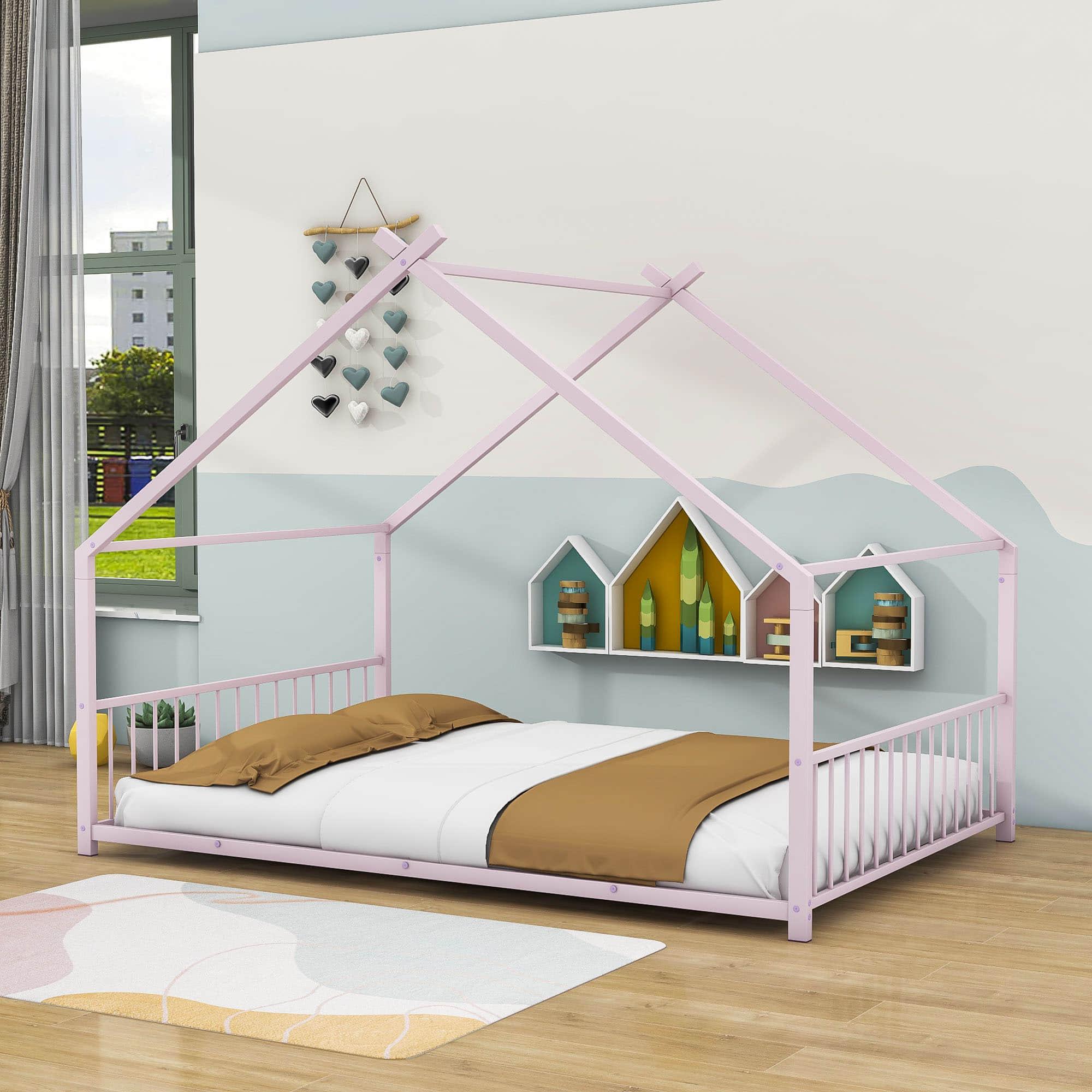 Full Size Metal House Floor Bed for Toddler, Kids