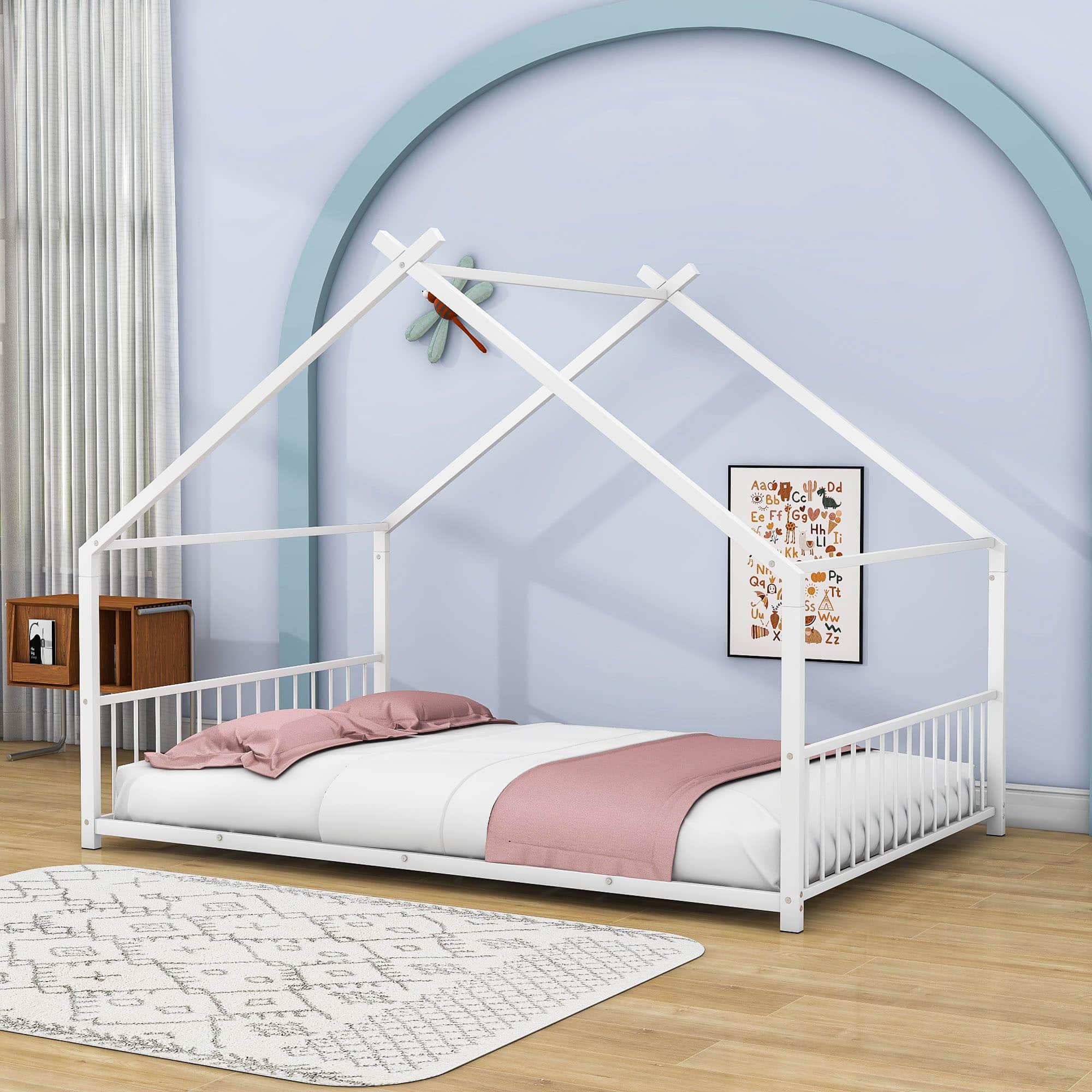 Full Size Metal House Floor Bed for Toddler, Kids