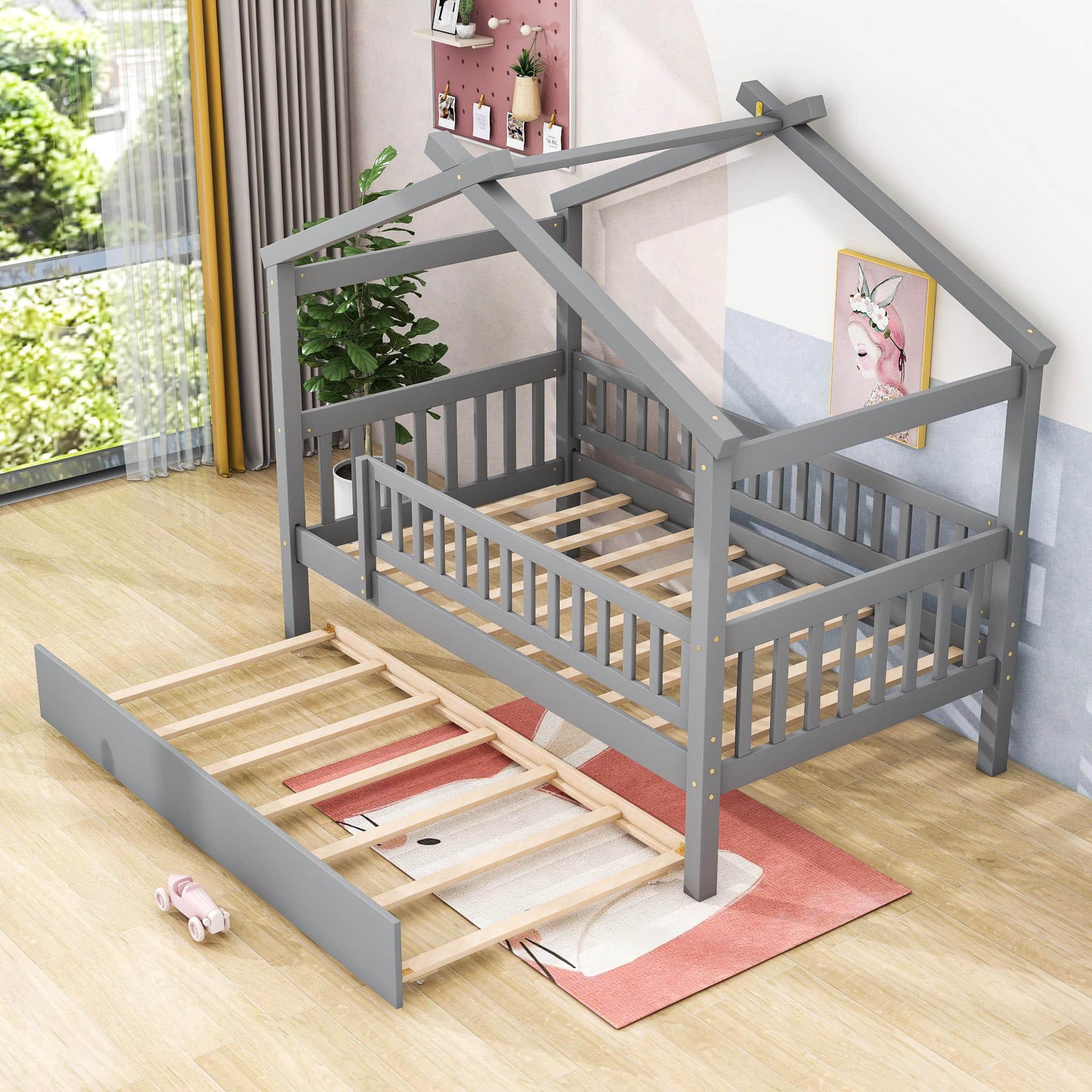 Wooden Twin House Bed with Twin Trundle for Kids, Toddler