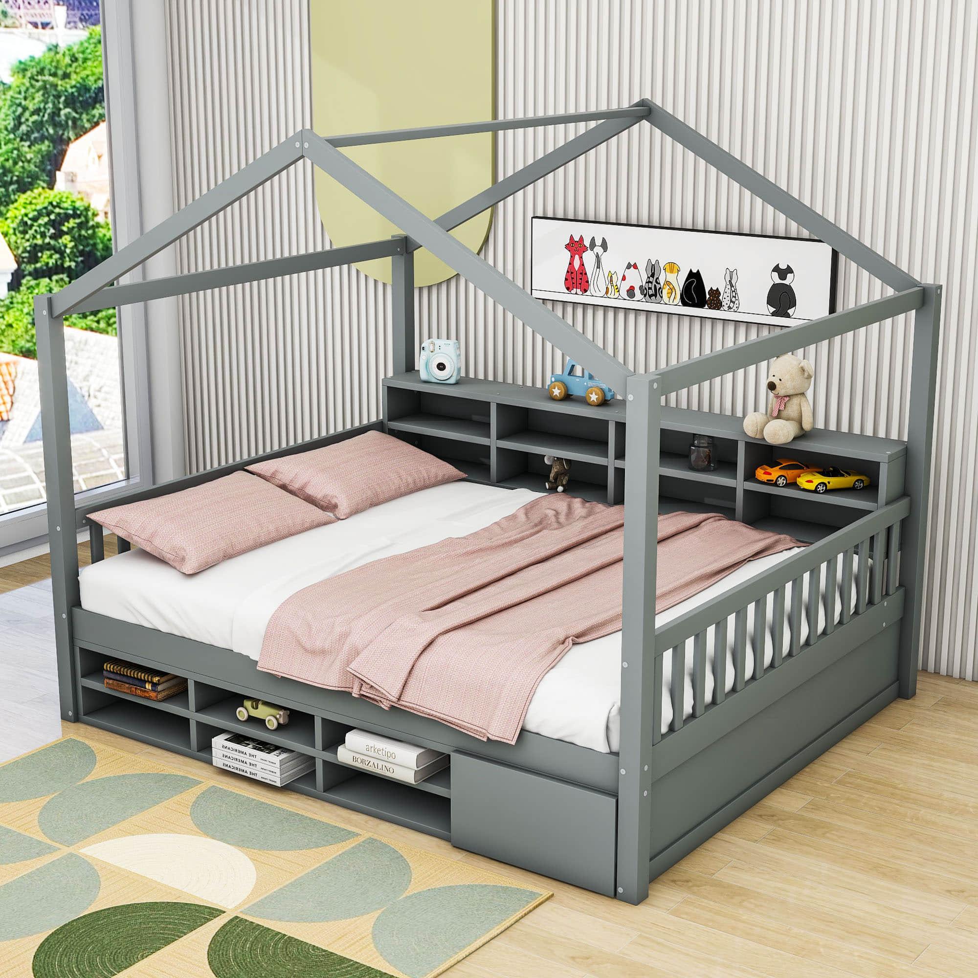 Wood Full House Kids Storage Bed Frame with Shelves and Mini-Cabinet